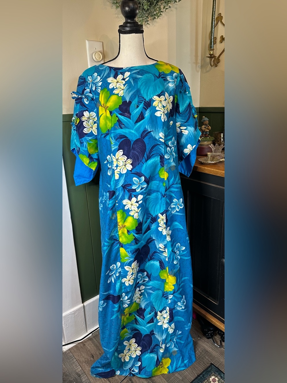 Vintage Sears Hawaiian Fashions Blue Floral Maxi Dress Size Large/XL 60s, 70s